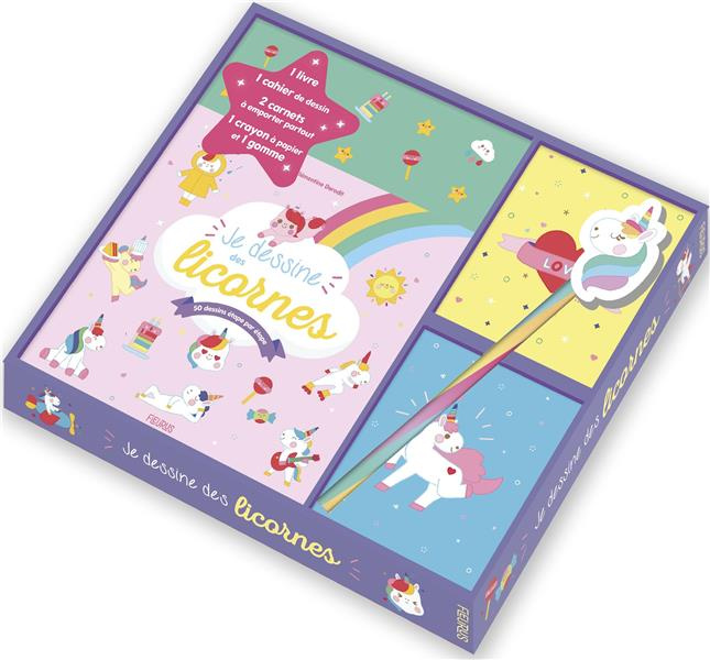 Coffret Je dessine les licornes. 50 dessins étape par étape. Avec 1 livre, 1 cahier de dessin, 2 car