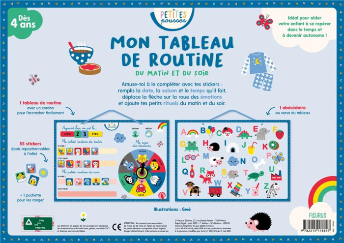 Mon tableau de routine du matin au soir. Avec 1 tableau de routine ; 55 stickers ; 1 pochette pour l