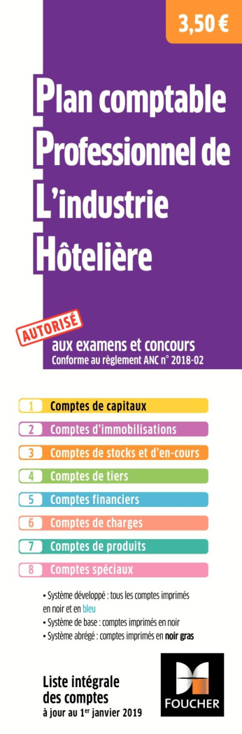 Plan comptable professionnel de l'industrie hôtelière. Liste intégrale des comptes à jour au 1er jan
