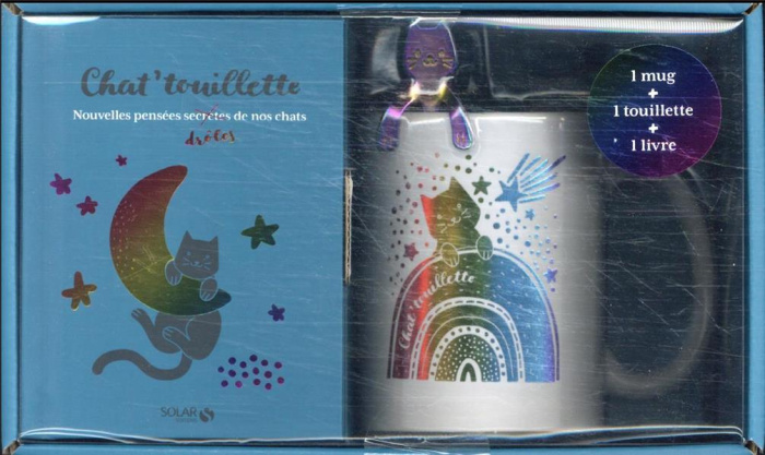 Coffret Chat'ouillette. Avec 1 mug couleur irisé, 1 touillette couleur irisé et 1 livre d'humour sur