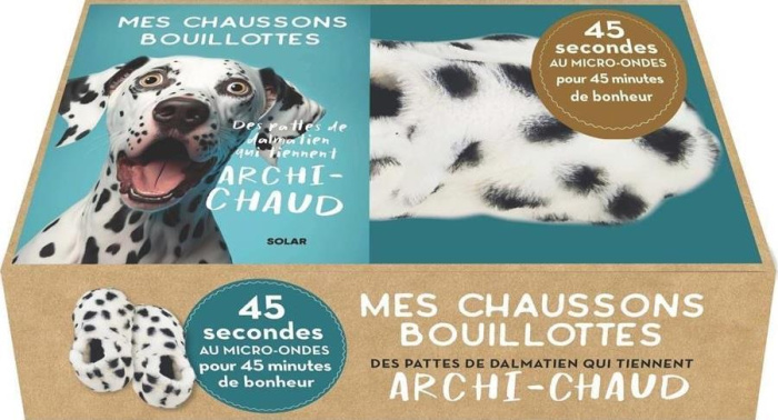 Mes chaussons bouillottes. Des pattes de dalmatien qui tiennent archi-chaud. Coffret avec des chauss