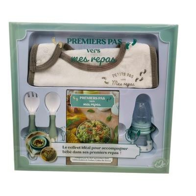 Premiers pas vers mes repas. Coffret avec 1 set de couverts, 1 grignoteuse, 1 bavoir et 1 livre de 3