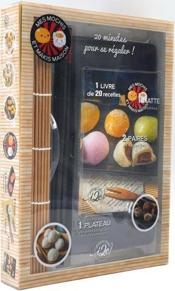 Mes mochis et makis maison. Coffret avec 1 plateau, 1 natte, 2 paires de baguettes, 1 livre