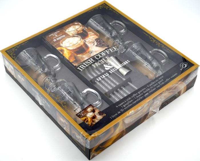 Irish Coffee facile & autres déclinaisons. Coffret avec 4 tasses à Irish Coffe gravées, 4 pailles en
