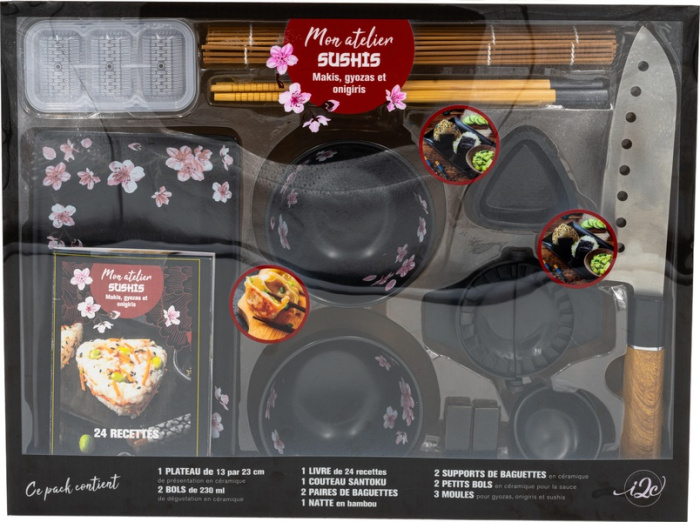 Mon atelier sushis, makis, gyozas et onigiris. Coffret avec 1 plateau, 2 bols, 1 livre de recettes,