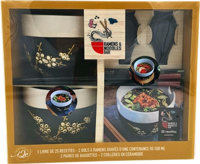 Ramens & Noodles Bar. Coffret avec 2 bols à ramens gravés, 2 paires de baguettes, 2 cuillères en cér