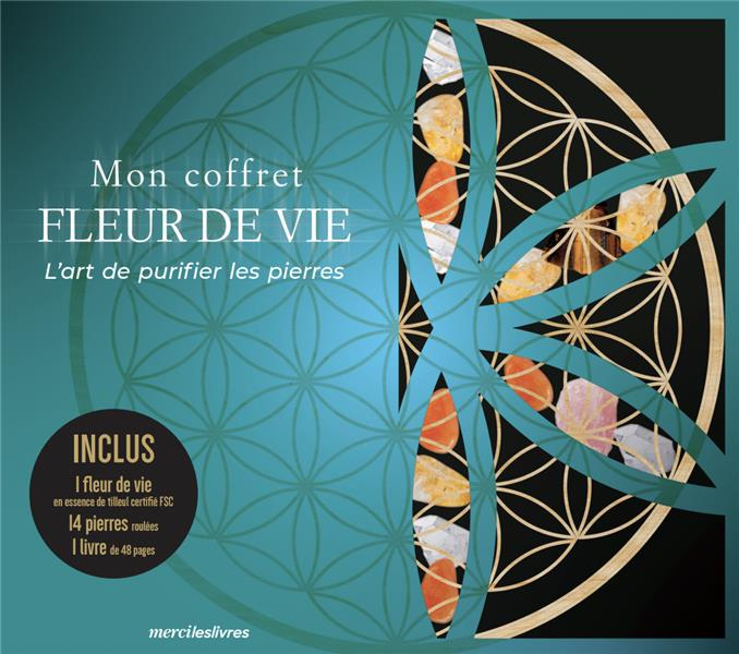 Fleur de vie. L'art de recharger les pierres. Coffret avec 1 fleur de vie en bois, 14 pierres et 1 l