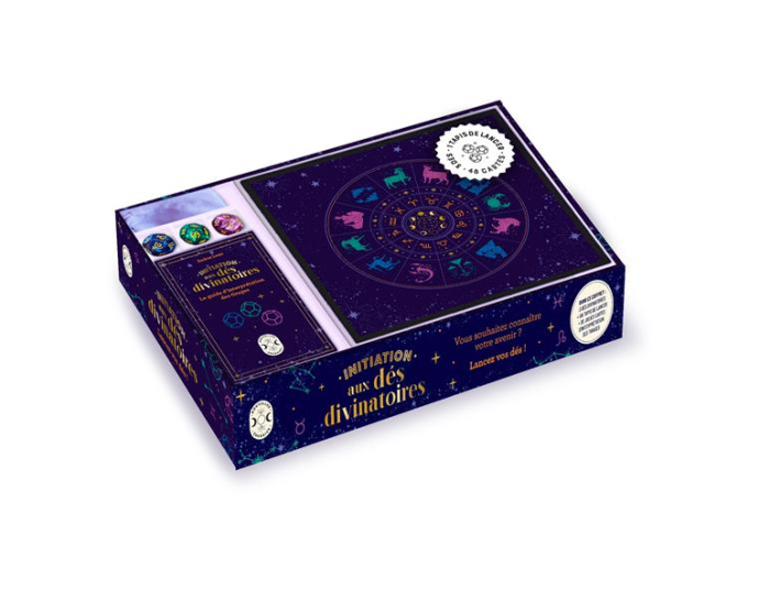 Initiation aux dés divinatoires. Coffret avec un jeu de 48 cartes, un tapis de lancer et trois dés a