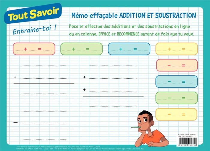 Mémo effaçable addition et soustraction CP-CE1-CE2