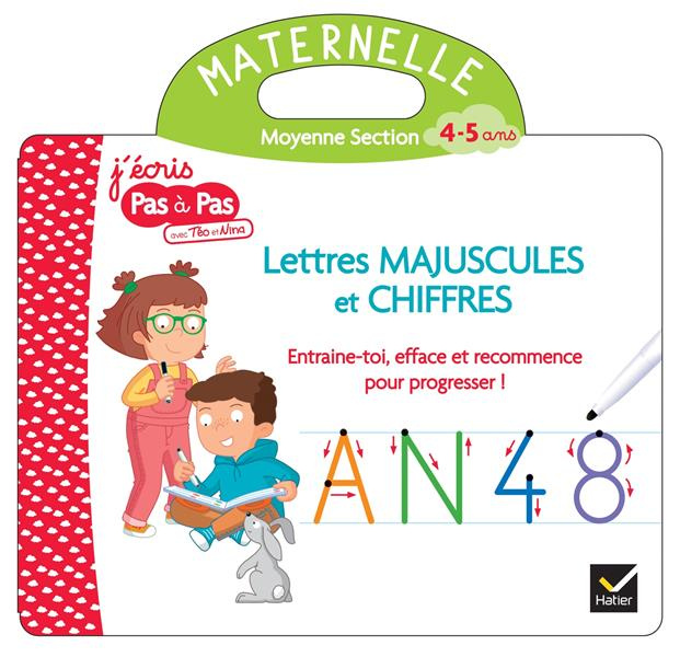 Lettres majuscules et chiffres Maternelle Moyenne Section. Livre ardoise avec un feutre effaçable