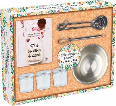 Coffret Beauté au naturel. Mes recettes beauté avec 1 bol en inox, 1 mini-fouet, 4 cuillères, 3 pots