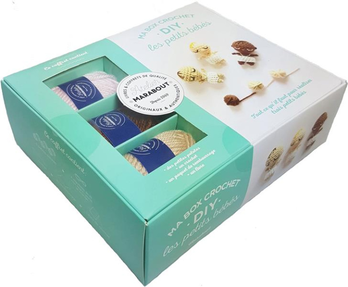 Ma box crochet DIY les petits bébés. Avec 3 petites pelotes, 4 aiguillées de fil noir, blanc, jaune