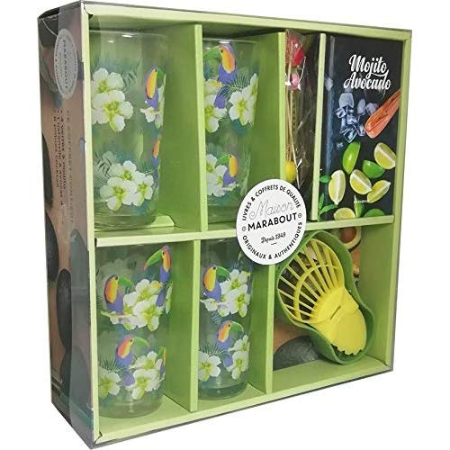 Coffret Mojito avocado. Apéro party avec 4 verres à mojito, 1 ustensile à avocat, 8 piques à cocktai