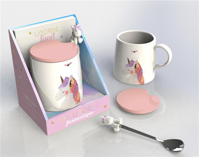 Coffret Ma pause licorne féerique. Avec 1 mug avec couvercle, 1 cuillère et 1 livre de recettes