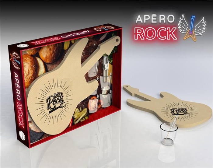 Coffret Apéro Rock'n Rhum. Avec 1 planche en bambou en forme de guitare électrique, 5 verres de 5cl,