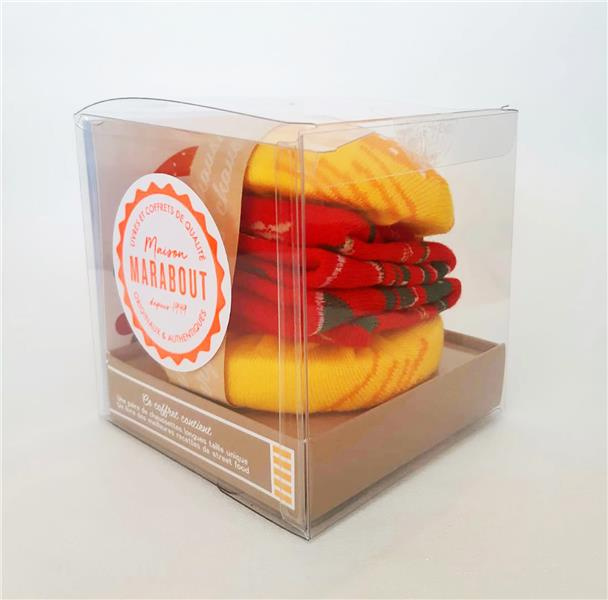 Chaussettes burger. Coffret avec une paire de chaussettes longues taille unique et un livre des meil