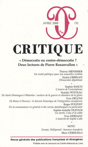 Critique N° 731, Avril 2008 : "Démocratie ou contre-démocratie ? Deux lectures de Pierre Rosanvallon