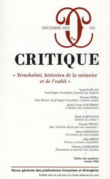 Critique N° 763, Décembre 2010 : Yerushalmi, historien de la mémoire et de l'oubli