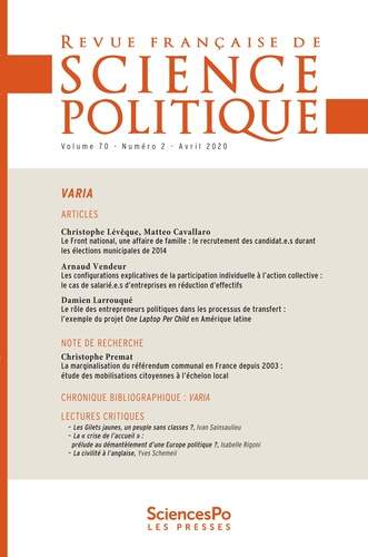 Revue française de science politique Volume 70 N° 2, avril 2020