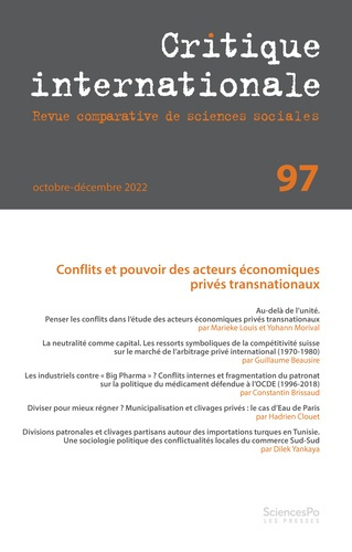 Critique internationale N° 97, octobre-décembre 2022 : Conflits et pouvoir des acteurs économiques p