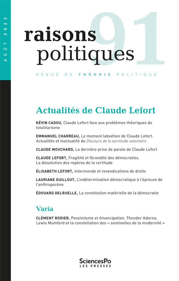 Raisons politiques N° 91, août 2023 : Actualités de Claude Lefort