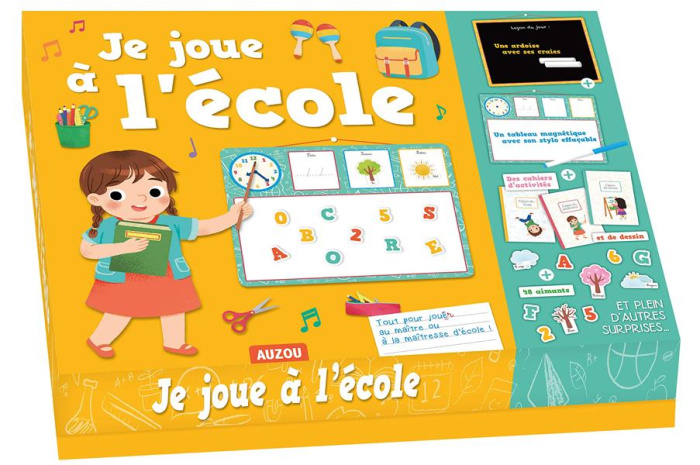 Je joue à l'école. Avec une ardoise avec ses craies, un tableau magnétique avec son stylo effaçable,