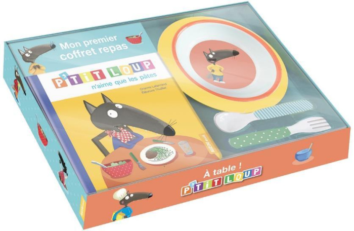 P'tit Loup : Mon premier coffret repas. Le livre P'tit loup n'aime que les pâtes avec une assiette,