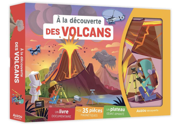 A la découverte des volcans. Coffret avec 1 livre documentaire,   de 35 pièces magnétiques et   plat