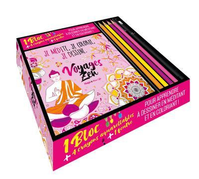 Coffret Voyages zen. Avec 1 bloc, 4 crayons aquarellables et 1 feutre