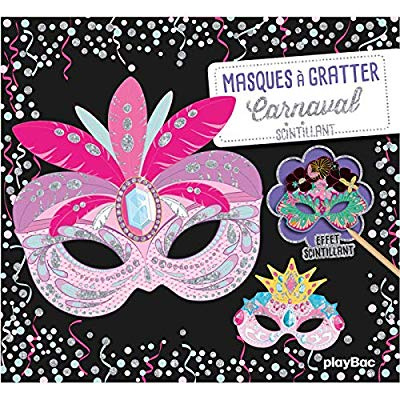 Masques à gratter carnaval scintillant. Avec 5 masques à gratter, 5 coloriages, 1 stylet en bois, 5