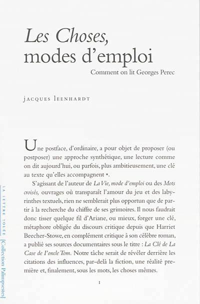 Les Choses, modes d'emploi. Comment on lit Georges Perec