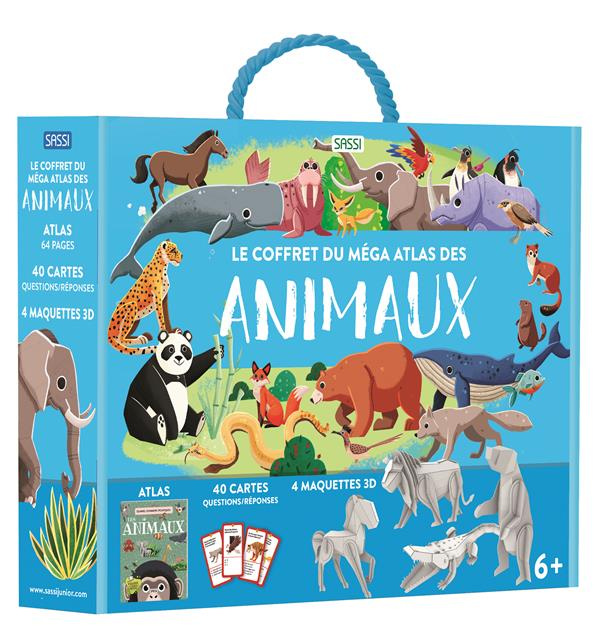 Le coffret du méga atlas des animaux. Contient 1 atlas de 64 pages, 40 cartes questions-réponses et