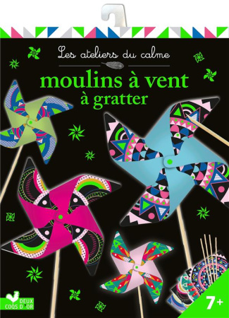 Moulins à vent à gratter. Avec 4 cartes à gratter, 4 tiges en bois, 4 attaches en plastique et 1 sty