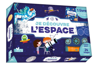 Je découvre l'espace. Coffret avec 1 lampe, 1 poster phosphorescent du ciel, 3 rondelles et 1 livre