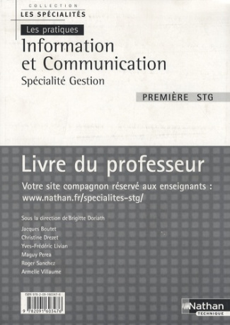 Information et Communication 1e STG spécialité gestion. Livre du professeur