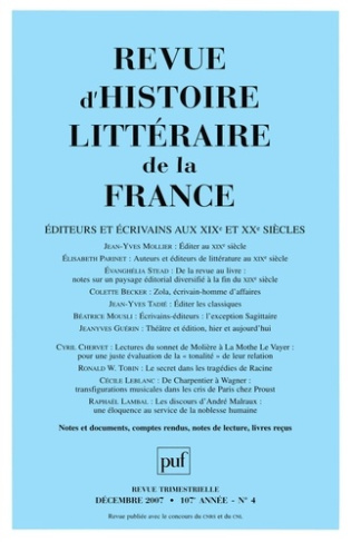 Revue d'histoire littéraire de la France N° 4, Octobre-décembre 2007 : Editeurs et écrivains aux XIX