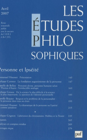 Les études philosophiques N° 2, Avril 2007 : Personne et Ipséité