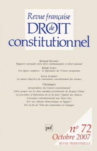 Revue française de Droit constitutionnel N° 72, Octobre 2007