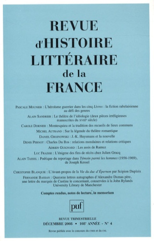 Revue d'histoire littéraire de la France N° 4, Octobre-Décembre 2008