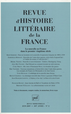 Revue d'histoire littéraire de la France N° 2, Avril-juin 2009 : La nouvelle en France dans le premi