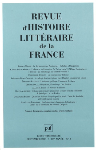 Revue d'histoire littéraire de la France N° 3, Septembre 2009