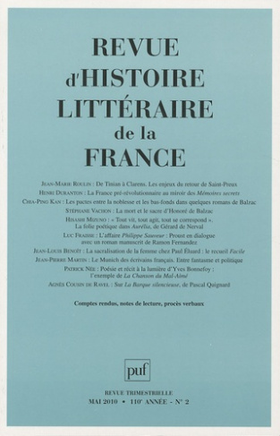 Revue d'histoire littéraire de la France N° 2, Mai 2010