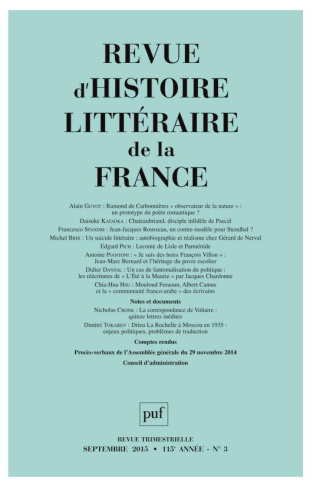 Revue d'histoire littéraire de la France N° 3, Juillet-septembre 2015