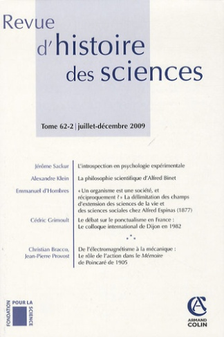 Revue d'histoire des sciences N° 62-2, Juillet-décembre 2009