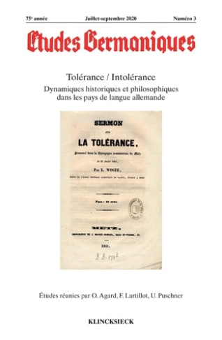 Etudes Germaniques N° 3/2020 : Tolérance / Intolérance. Dynamiques historiques et philosophiques dan