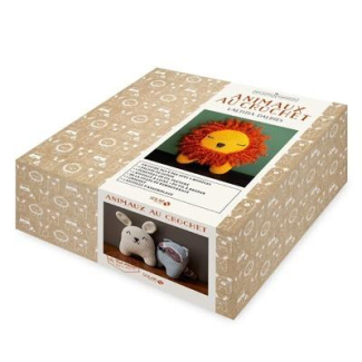 Coffret Animaux au crochet. Le guide avec 1 pelote de coton, 1 écheveau de fil texturé, 1 aiguille à