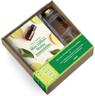 Mon coffret huiles essentielles. Contient : 1 livre, 1 pot en verre, 1 flacon roll-on, 1 entonnoir,