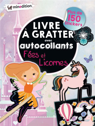Livre à gratter avec autocollants fées & licornes. Avec un crayon en bois, plus de 150 stickers