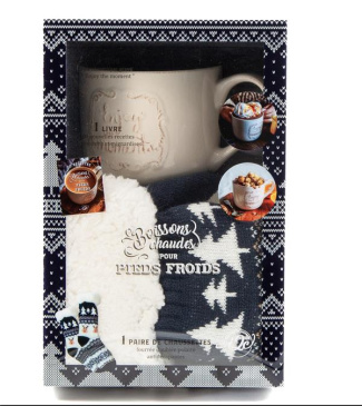 Boissons chaudes pour pieds froids. Coffret avec 1 paire de chaussettes, 1 mug et 1 livre