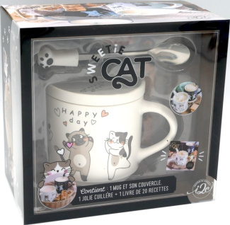 Coffret Sweetie cat. Contient : 1 mug et son couvercle, 1 jolie cuillère et 1 livre e 20 recettes